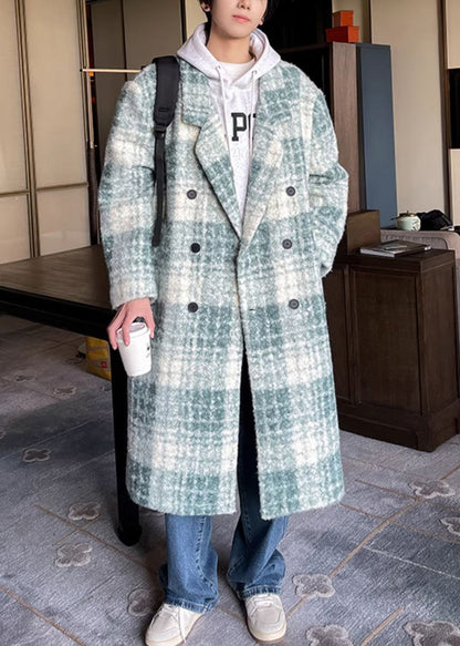 Loose Green Plaid Button Pockets Woolen Men Coat Winter RO053 ABC