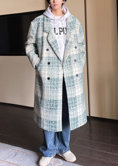 Loose Green Plaid Button Pockets Woolen Men Coat Winter RO053 ABC