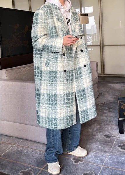 Loose Green Plaid Button Pockets Woolen Men Coat Winter RO053 ABC