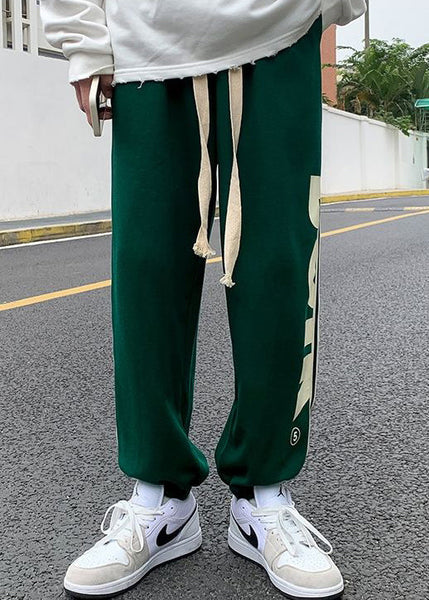 Loose Green Print Elastic Waist Cotton Pants Men Fall WA056 MENP241110