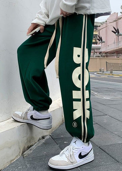 Loose Green Print Elastic Waist Cotton Pants Men Fall WA056 MENP241110