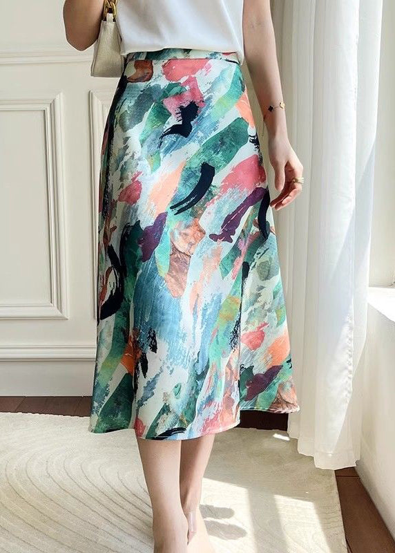 Loose Green Print High Waist Silk Skirt Summer KJ016 ZS-SKTS240715