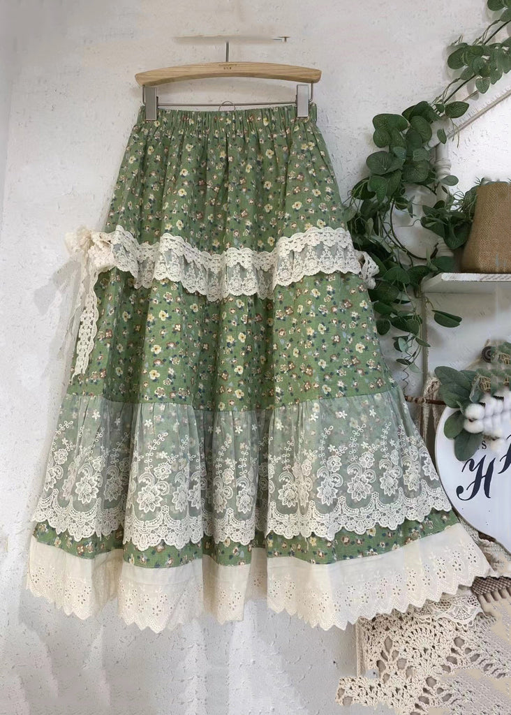 Loose Green Print Lace Elastic Waist Patchwork Skirts Summer GH1002 Ada Fashion