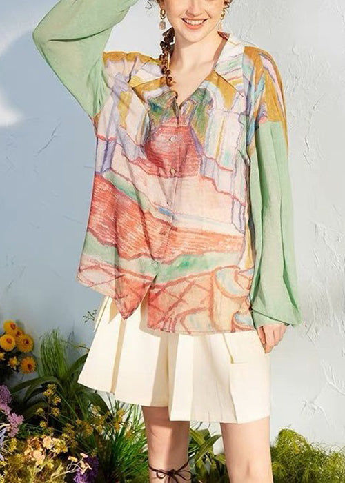 Loose Green Print Patchwork Chiffon Shirt Long Sleeve KK007 SH-LF-LTP240602