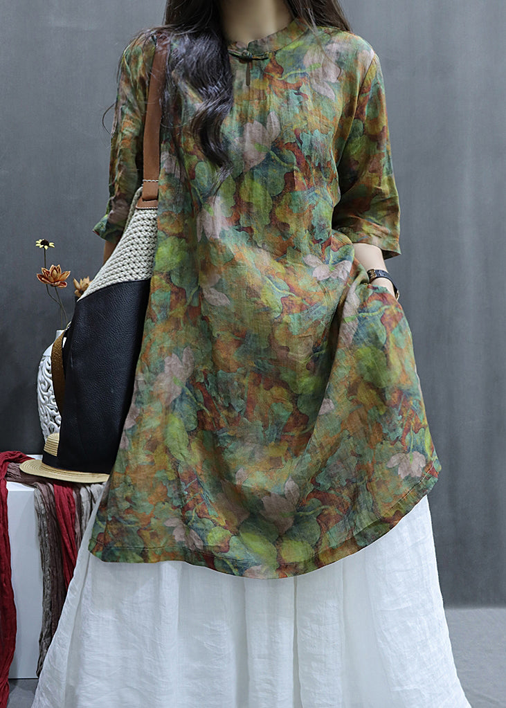 Loose Green Print Side Open Linen Shirts Half Sleeve GG047 MZF-HTP240610