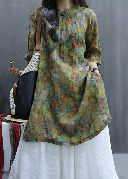 Loose Green Print Side Open Linen Shirts Half Sleeve GG047 MZF-HTP240610