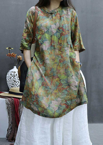 Loose Green Print Side Open Linen Shirts Half Sleeve GG047 MZF-HTP240610