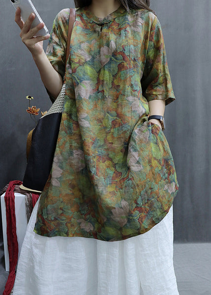 Loose Green Print Side Open Linen Shirts Half Sleeve GG047 MZF-HTP240610