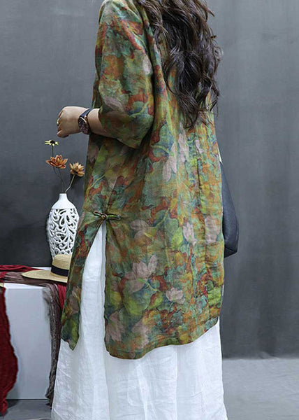 Loose Green Print Side Open Linen Shirts Half Sleeve GG047 MZF-HTP240610