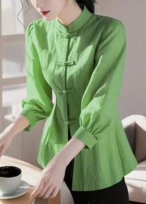 Cotton Collar Bracelet Stand Green Loose Button Blouse Sleeve FashionChic