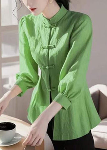 Cotton Collar Bracelet Stand Green Loose Button Blouse Sleeve FashionChic