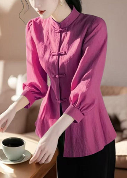 Cotton Collar Bracelet Stand Green Loose Button Blouse Sleeve FashionChic