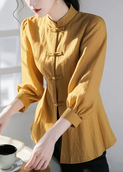 Cotton Collar Bracelet Stand Green Loose Button Blouse Sleeve FashionChic