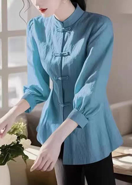 Cotton Collar Bracelet Stand Green Loose Button Blouse Sleeve FashionChic