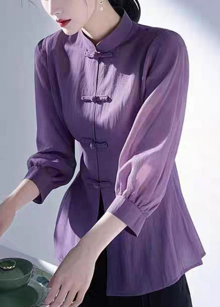 Cotton Collar Bracelet Stand Green Loose Button Blouse Sleeve FashionChic