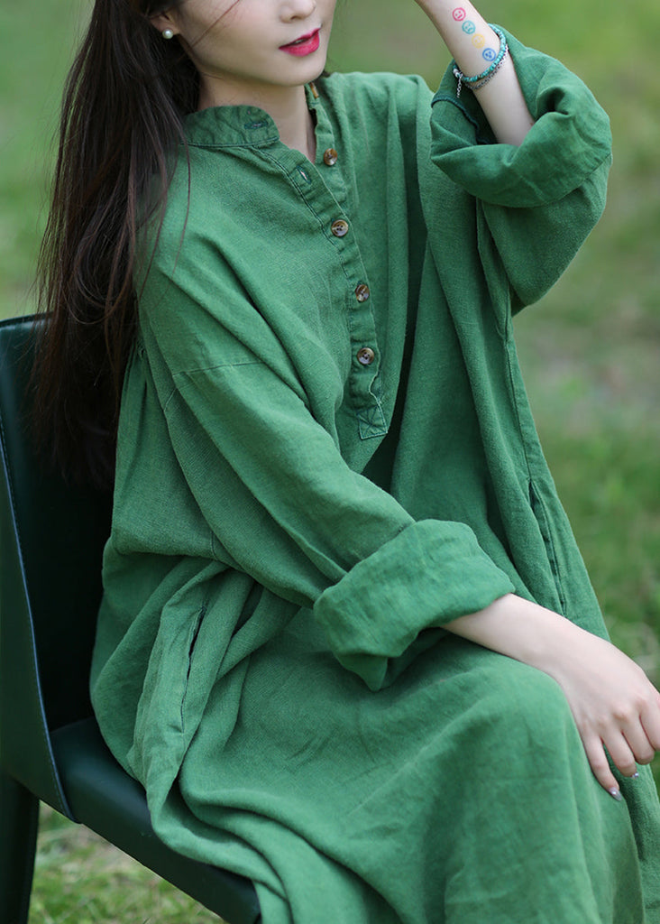 Loose Green Stand Collar Button Pockets Linen Dress Long Sleeve MN090 MMDM-FDL240704