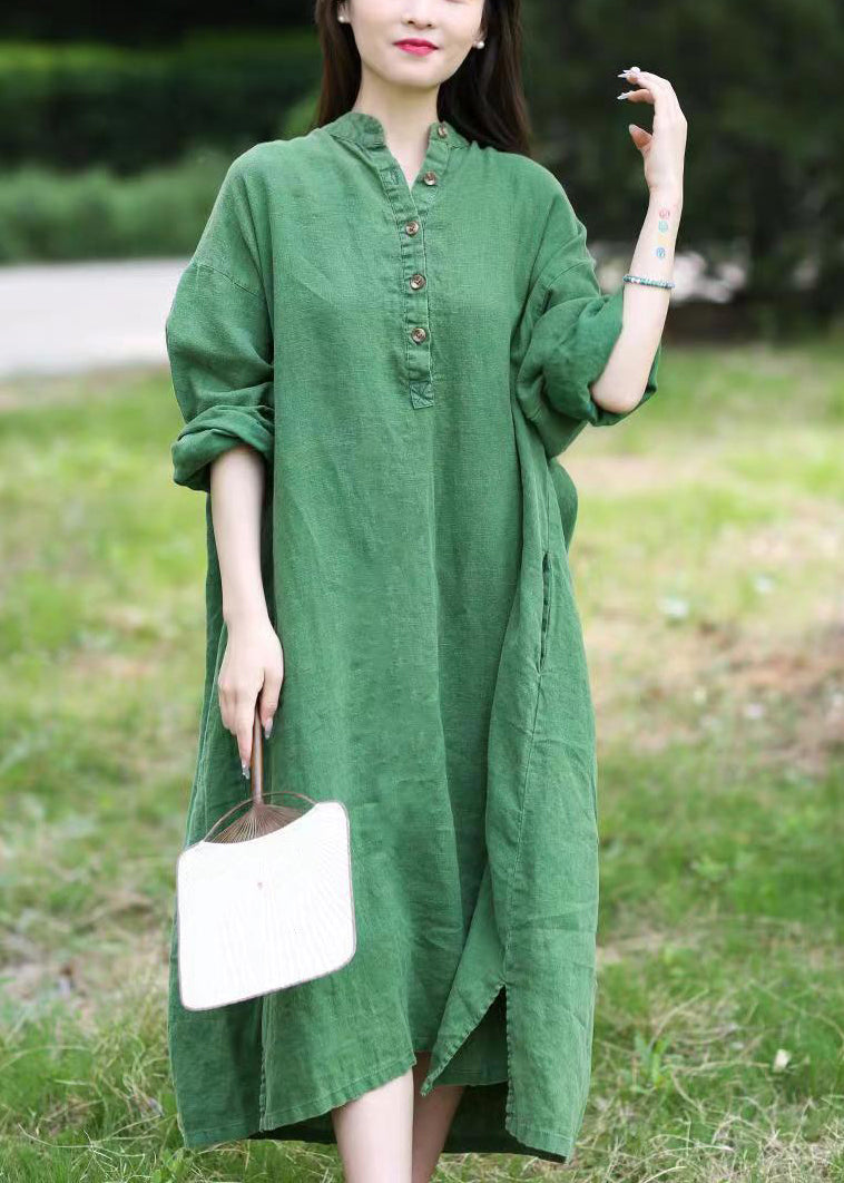 Loose Green Stand Collar Button Pockets Linen Dress Long Sleeve MN090 MMDM-FDL240704