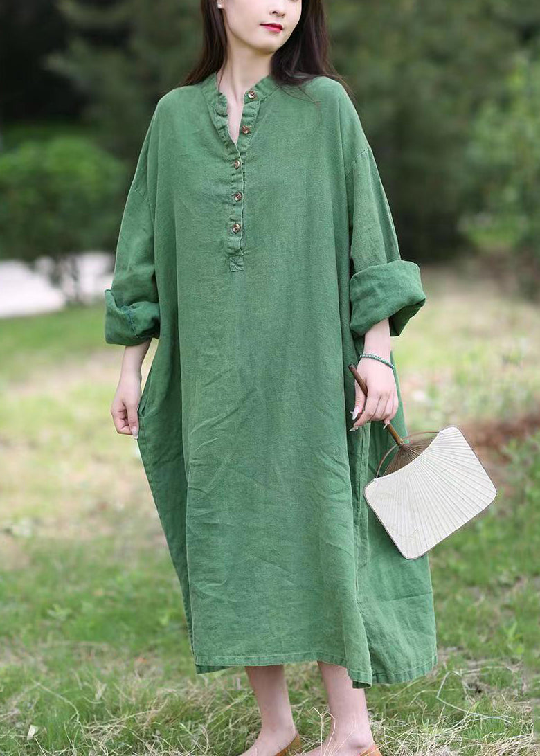 Loose Green Stand Collar Button Pockets Linen Dress Long Sleeve MN090 MMDM-FDL240704
