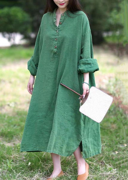 Loose Green Stand Collar Button Pockets Linen Dress Long Sleeve MN090 MMDM-FDL240704