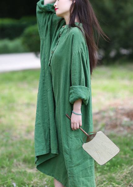 Loose Green Stand Collar Button Pockets Linen Dress Long Sleeve MN090 MMDM-FDL240704