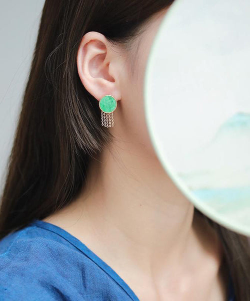 Loose Green Sterling Silver Overgild Jade Tassel Stud Earrings QU042 JEW-EAR241007