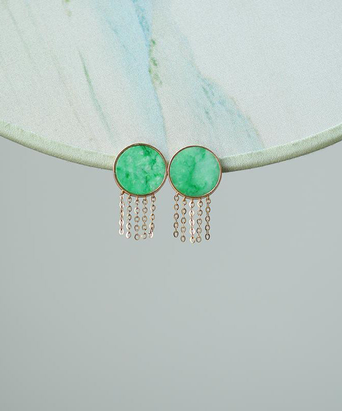 Loose Green Sterling Silver Overgild Jade Tassel Stud Earrings QU042 JEW-EAR241007