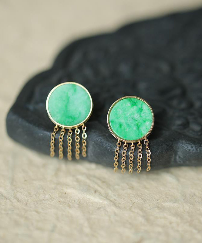 Loose Green Sterling Silver Overgild Jade Tassel Stud Earrings QU042 JEW-EAR241007