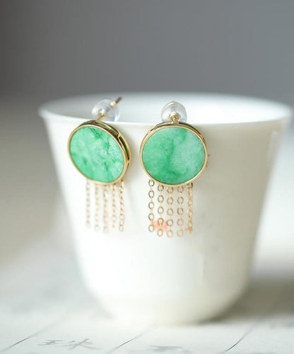 Loose Green Sterling Silver Overgild Jade Tassel Stud Earrings QU042 JEW-EAR241007