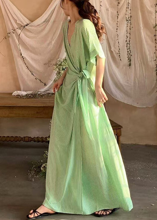 Striped Long Green Dresses Lace Summer Loose Up Cotton FashionChic