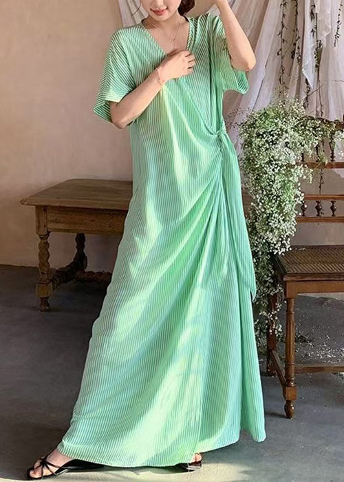 Striped Long Green Dresses Lace Summer Loose Up Cotton FashionChic