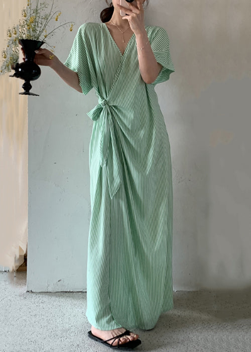 Striped Long Green Dresses Lace Summer Loose Up Cotton FashionChic
