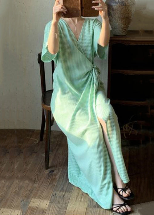 Striped Long Green Dresses Lace Summer Loose Up Cotton FashionChic