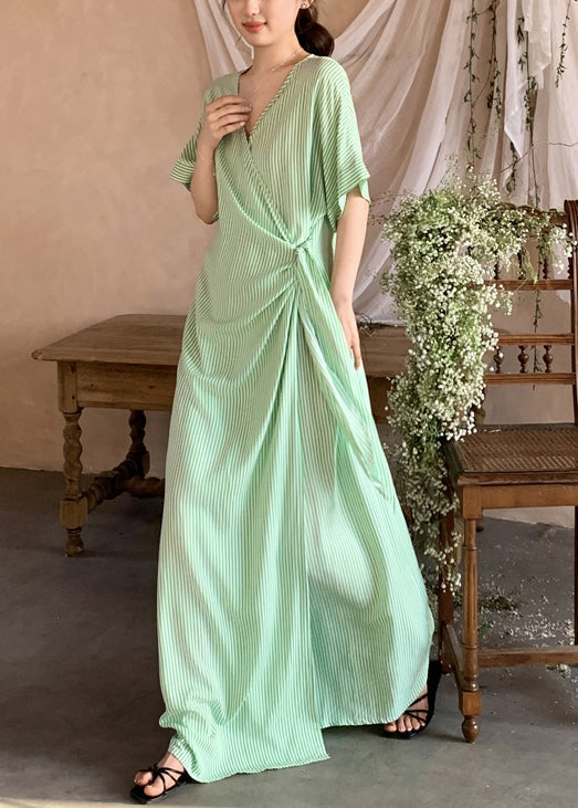 Striped Long Green Dresses Lace Summer Loose Up Cotton FashionChic