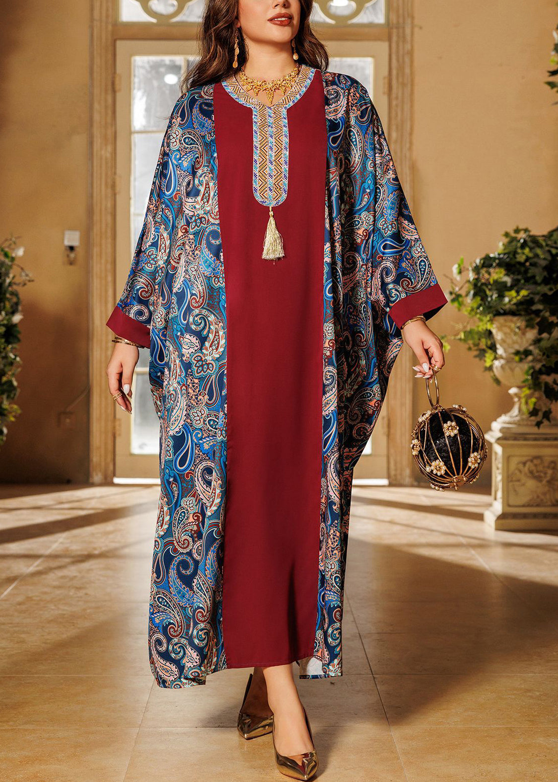 Loose Green Tasseled Print Zircon Patchwork Dress Batwing Sleeve QL004 OM-ZS241023