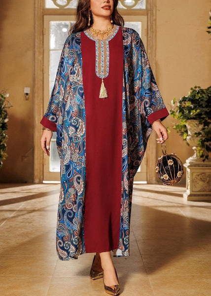 Loose Green Tasseled Print Zircon Patchwork Dress Batwing Sleeve QL004 OM-ZS241023