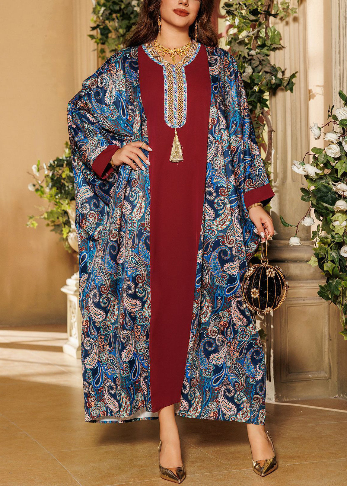 Loose Green Tasseled Print Zircon Patchwork Dress Batwing Sleeve QL004 OM-ZS241023