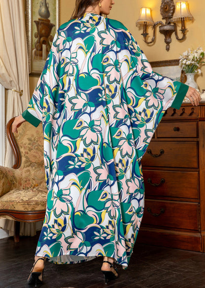 Loose Green Tasseled Print Zircon Patchwork Dress Batwing Sleeve QL004 OM-ZS241023