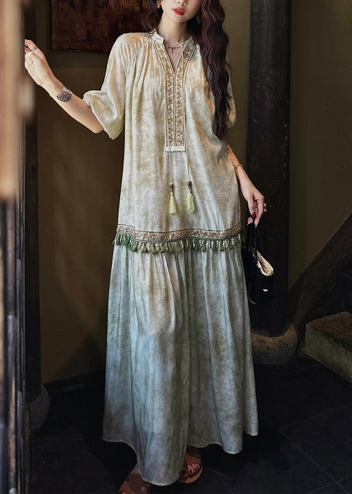 Dresses Tasseled Long Butterfly Sleeve Silk Green Loose FashionChic