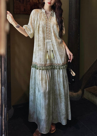 Dresses Tasseled Long Butterfly Sleeve Silk Green Loose FashionChic