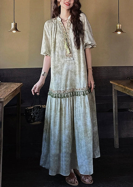 Dresses Tasseled Long Butterfly Sleeve Silk Green Loose FashionChic