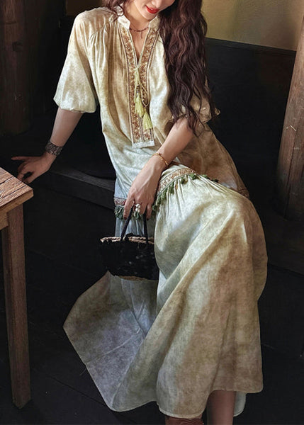 Dresses Tasseled Long Butterfly Sleeve Silk Green Loose FashionChic