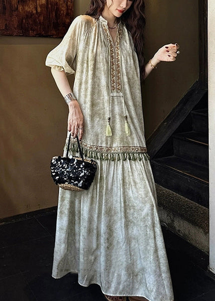 Dresses Tasseled Long Butterfly Sleeve Silk Green Loose FashionChic