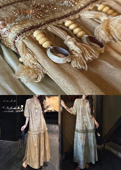 Dresses Tasseled Long Butterfly Sleeve Silk Green Loose FashionChic