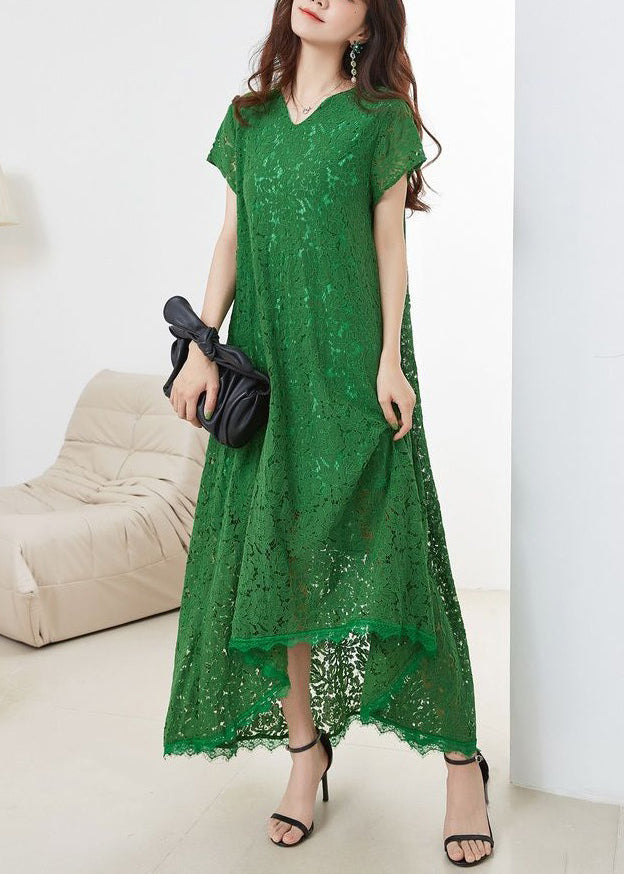 Loose Green V Neck Hollow Out Lace Dress Summer XX068 SH-LF-SDL240611