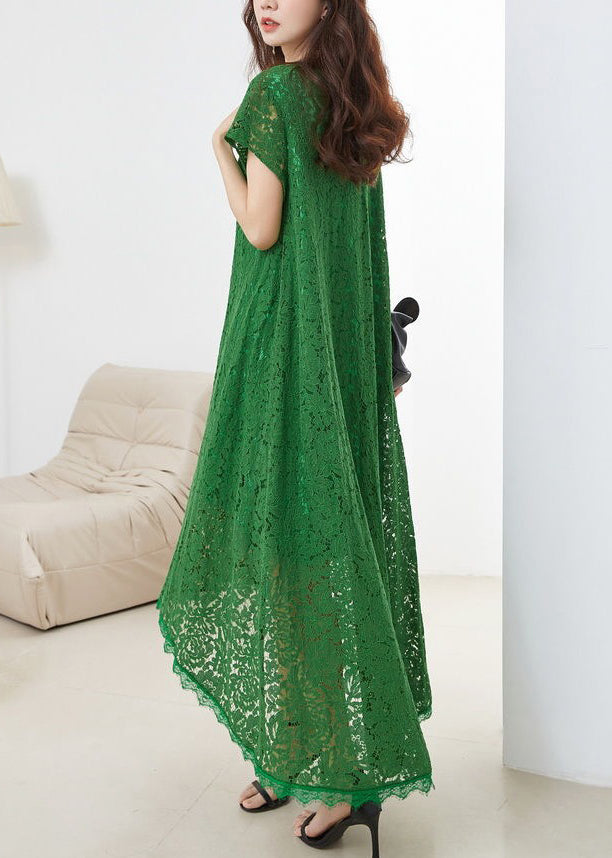 Loose Green V Neck Hollow Out Lace Dress Summer XX068 SH-LF-SDL240611