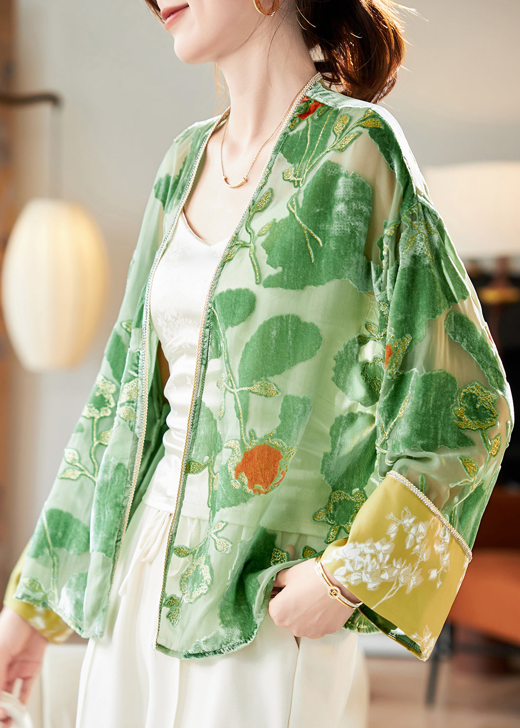 Loose Green V Neck Patchwork Silk Velvet Cardigan Long Sleeve AM1003 Genistyle Shop