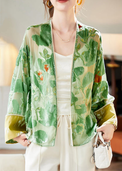 Loose Green V Neck Patchwork Silk Velvet Cardigan Long Sleeve AM1003 Genistyle Shop