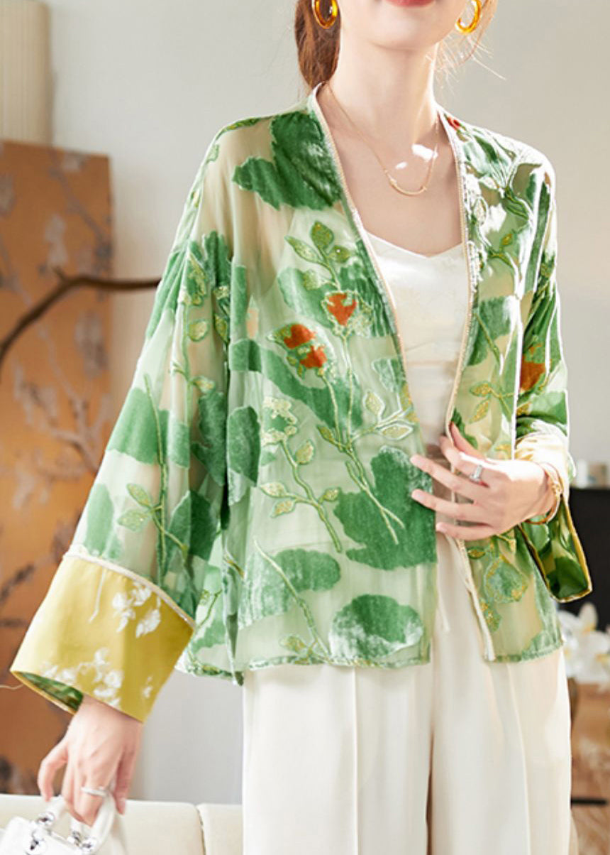 Loose Green V Neck Patchwork Silk Velvet Cardigan Long Sleeve AM1003 Genistyle Shop