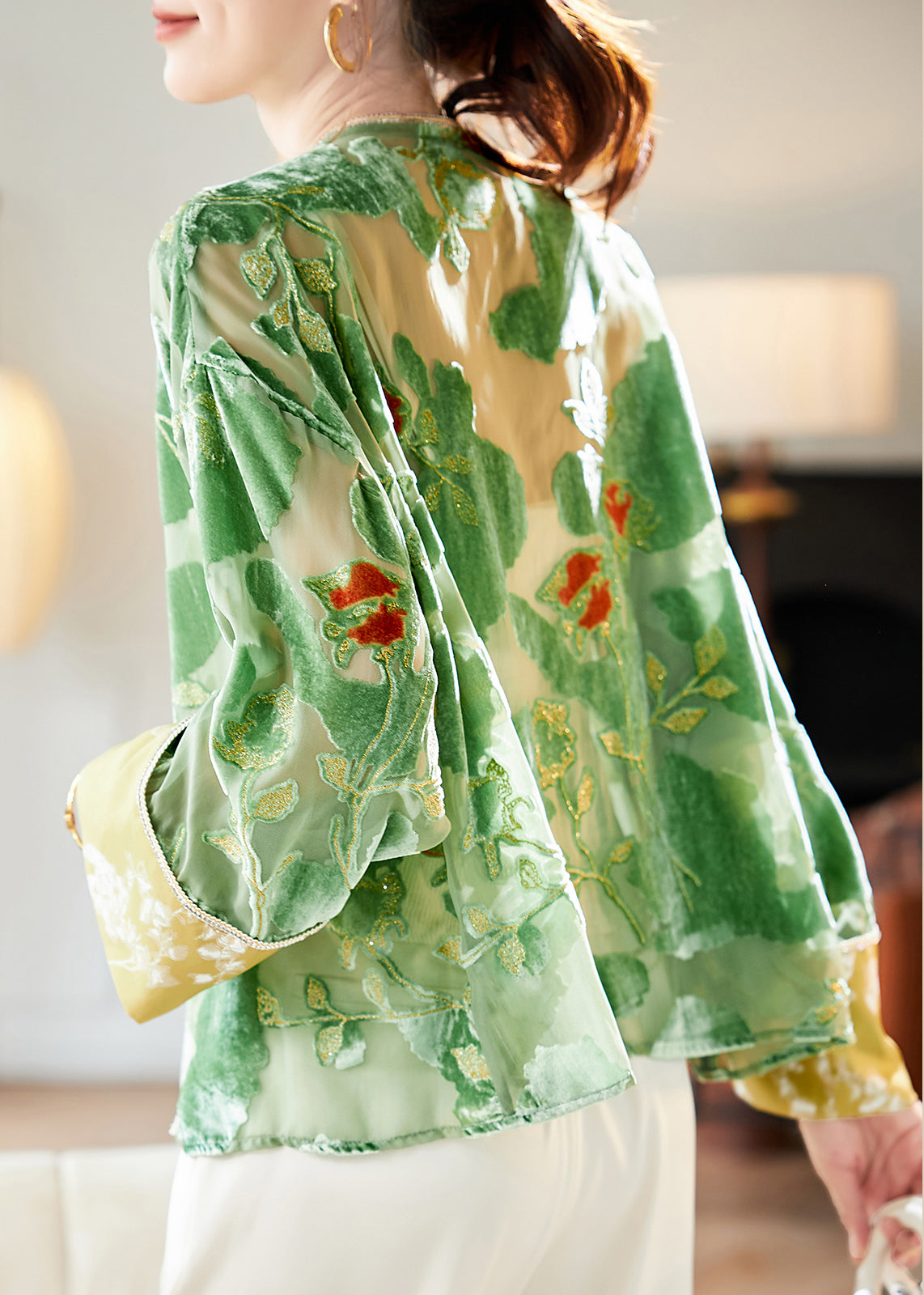 Loose Green V Neck Patchwork Silk Velvet Cardigan Long Sleeve AM1003 Genistyle Shop