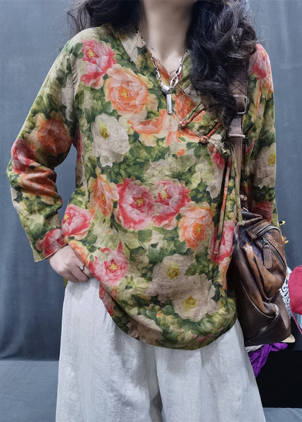 Loose Green V Neck Print Button Linen Shirt Spring GG053 MZF-LTP240610